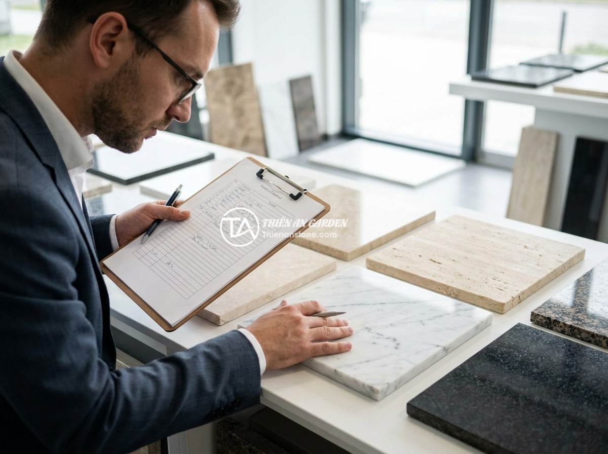 Checklist chọn nhà thầu thi công bảng hiệu đá uy tín, chất lượng và giá hợp lý - Hình 1 Checklist chọn nhà thầu thi công bảng hiệu đá uy tín, chất lượng và giá hợp lý - A professional businessman carefully reviewing a detailed checklist document whi