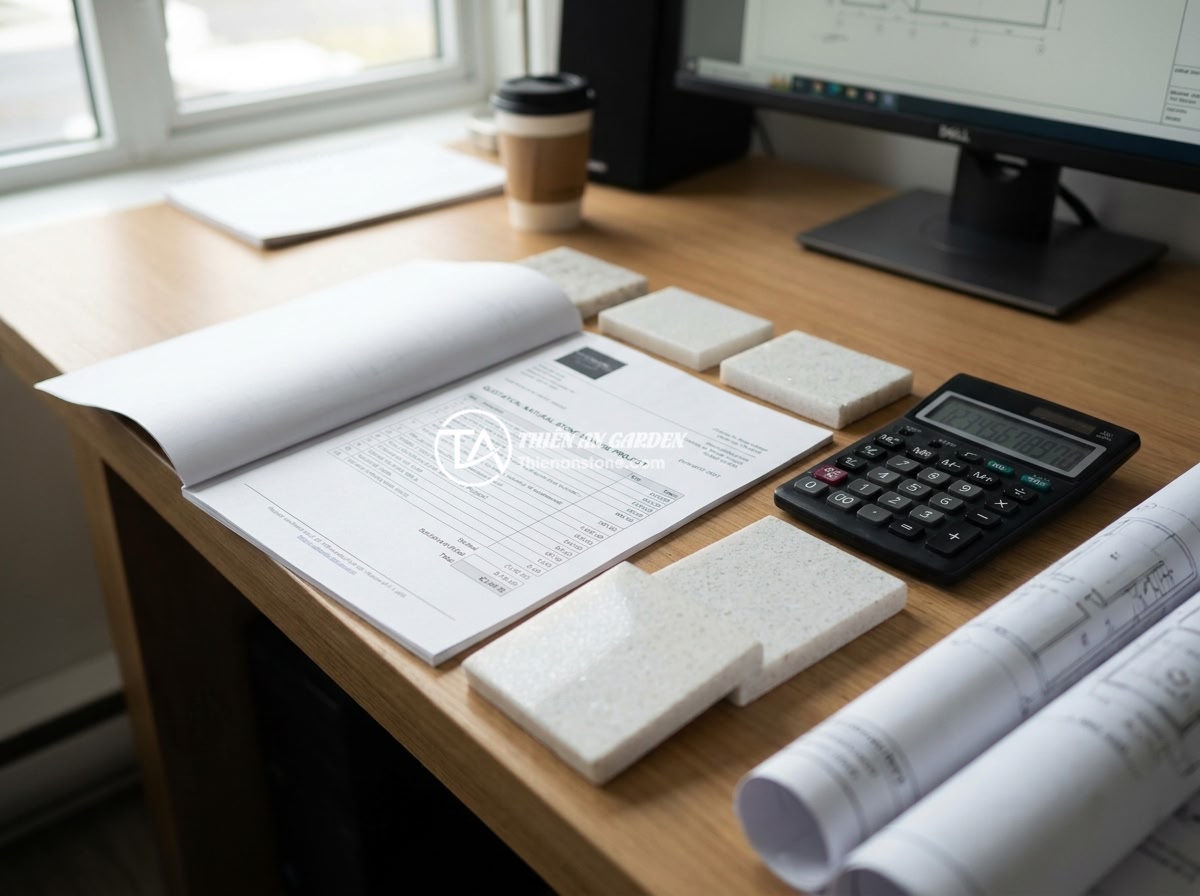 Checklist chọn nhà thầu thi công bảng hiệu đá uy tín, chất lượng và giá hợp lý - Hình 6 Checklist chọn nhà thầu thi công bảng hiệu đá uy tín, chất lượng và giá hợp lý - A detailed quotation document for natural stone signboard project laid on a desk