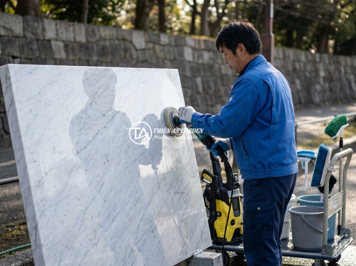 Checklist chọn nhà thầu thi công bảng hiệu đá uy tín, chất lượng và giá hợp lý - Hình 7 Checklist chọn nhà thầu thi công bảng hiệu đá uy tín, chất lượng và giá hợp lý - A maintenance worker cleaning and polishing a large natural stone company signbo