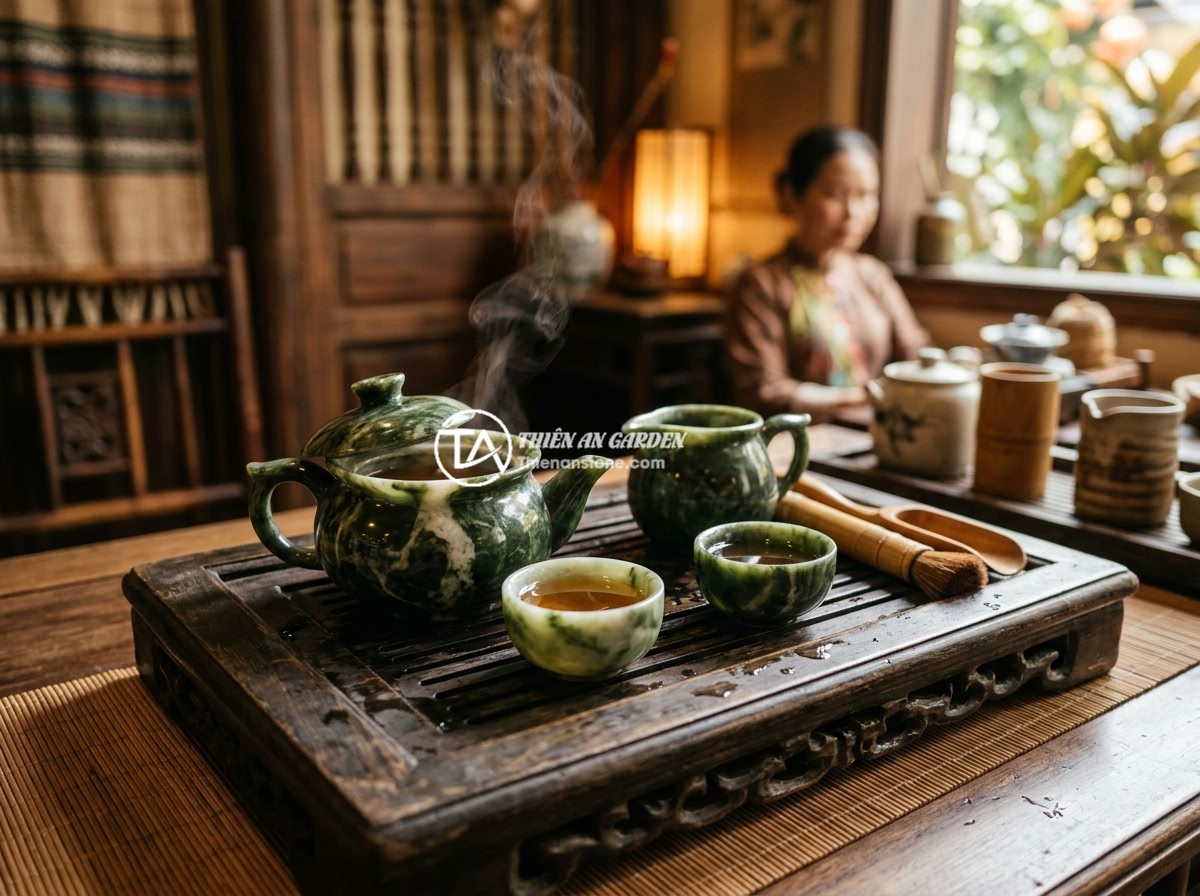 Checklist đầy đủ: 10 tiêu chí chọn mua bộ ấm chén đá phong thủy chất lượng - A luxurious natural stone tea set displayed on a dark wooden tea tray in a tradi
