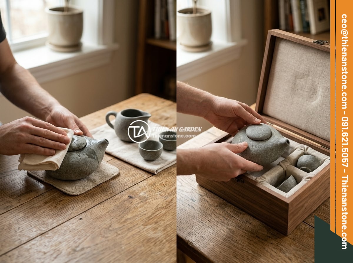 Checklist đầy đủ: 10 tiêu chí chọn mua bộ ấm chén đá phong thủy chất lượng - Proper stone tea set maintenance routine showing gentle cleaning with soft cloth