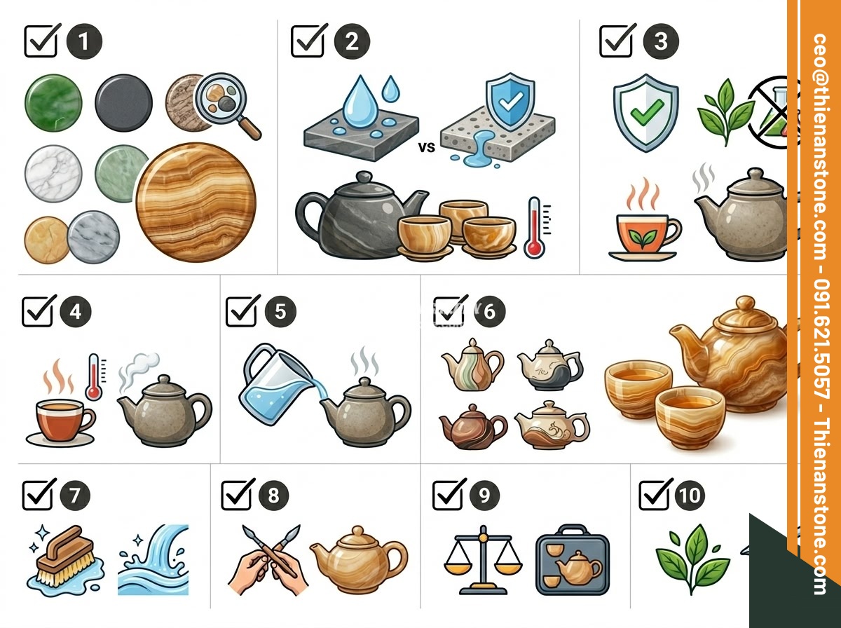 Checklist đầy đủ: 10 tiêu chí chọn mua bộ ấm chén đá phong thủy chất lượng - Infographic-style summary of 10 criteria checklist for buying natural stone tea 