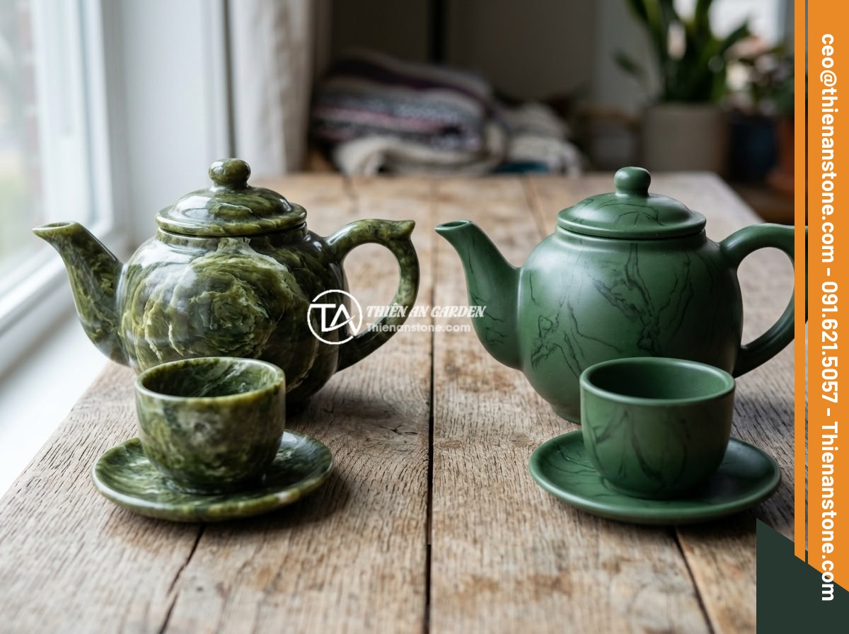 Checklist đầy đủ: 10 tiêu chí chọn mua bộ ấm chén đá phong thủy chất lượng - Side by side comparison of genuine natural stone tea set versus fake stone tea s