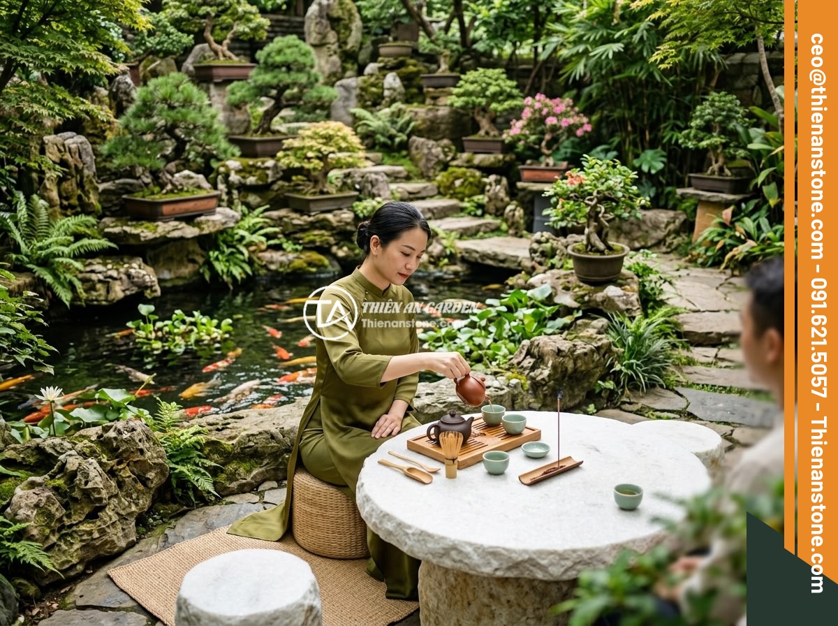 Checklist đầy đủ: 10 tiêu chí chọn mua bộ ấm chén đá phong thủy chất lượng - Beautiful Vietnamese garden landscape with natural stone tea table set up near a