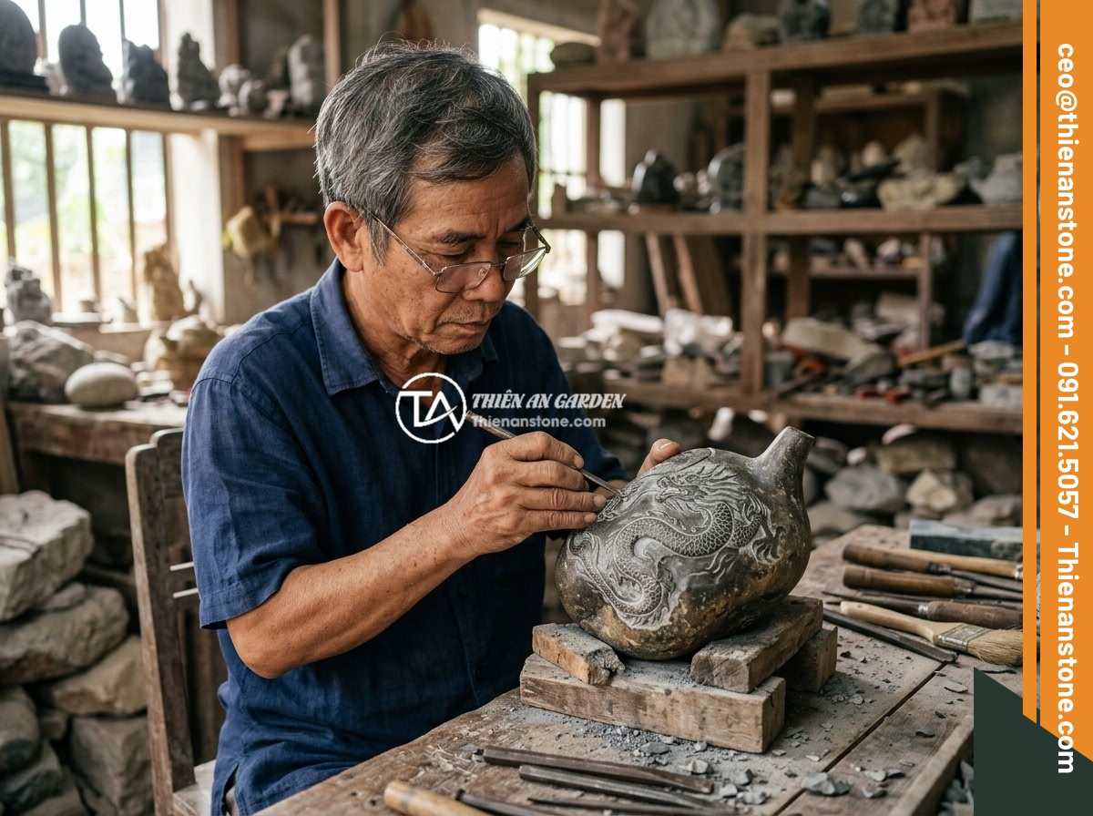Checklist đầy đủ: 10 tiêu chí chọn mua bộ ấm chén đá phong thủy chất lượng - Master craftsman hand-carving intricate dragon patterns on a natural stone teapo