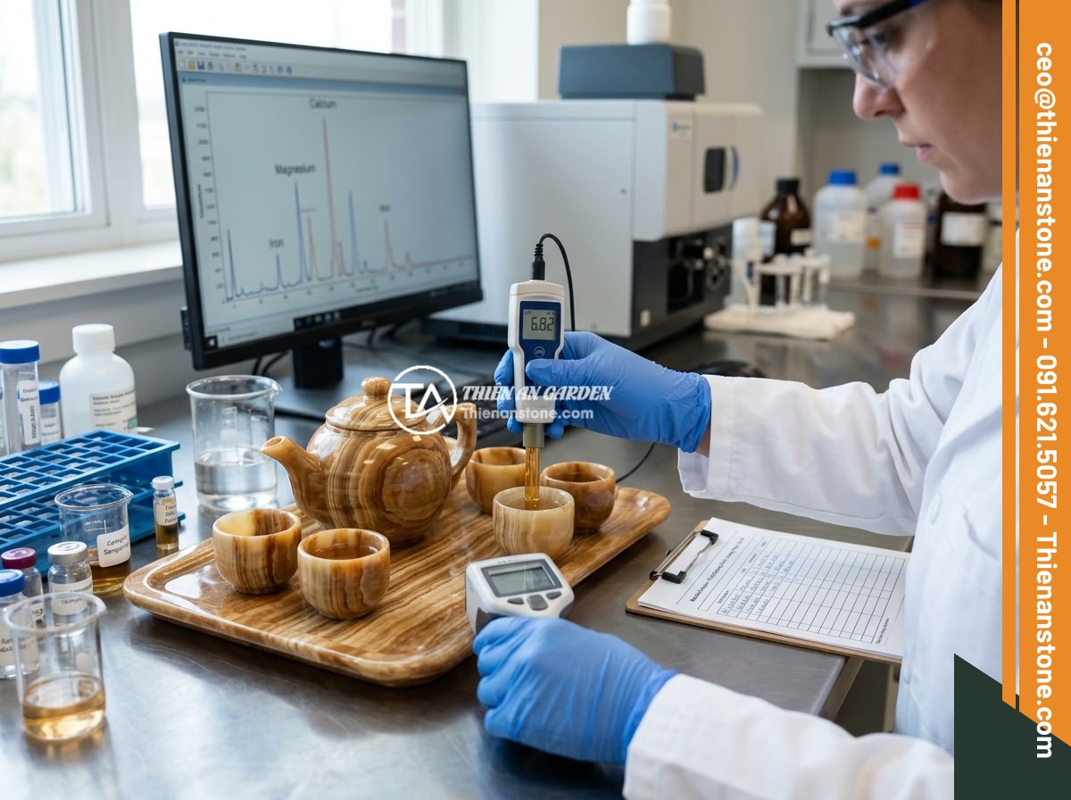 Checklist đầy đủ: 10 tiêu chí chọn mua bộ ấm chén đá phong thủy chất lượng - Laboratory testing of natural stone tea set for food safety certification, showi