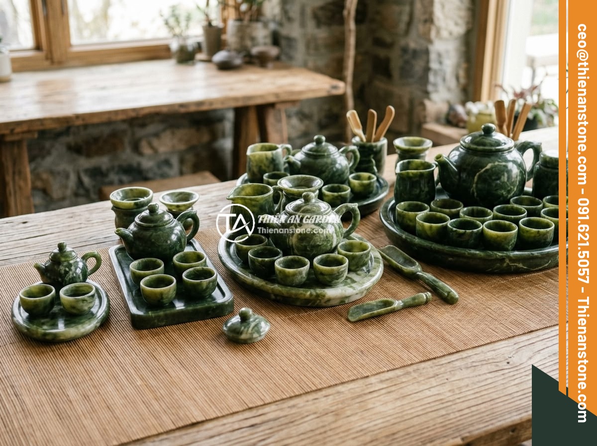 Checklist đầy đủ: 10 tiêu chí chọn mua bộ ấm chén đá phong thủy chất lượng - Various sizes of natural stone tea sets arranged side by side for comparison, fr