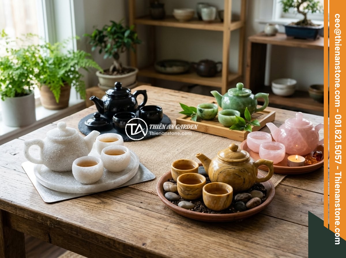 Checklist đầy đủ: 10 tiêu chí chọn mua bộ ấm chén đá phong thủy chất lượng - Five different natural stone tea sets arranged in a feng shui five-element circl