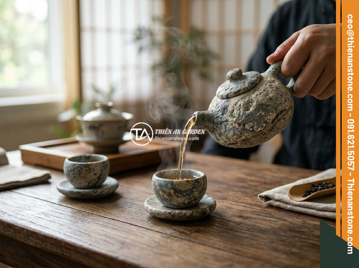 Checklist đầy đủ: 10 tiêu chí chọn mua bộ ấm chén đá phong thủy chất lượng - Hot tea being poured from a natural green jade teapot into matching jade cups, w