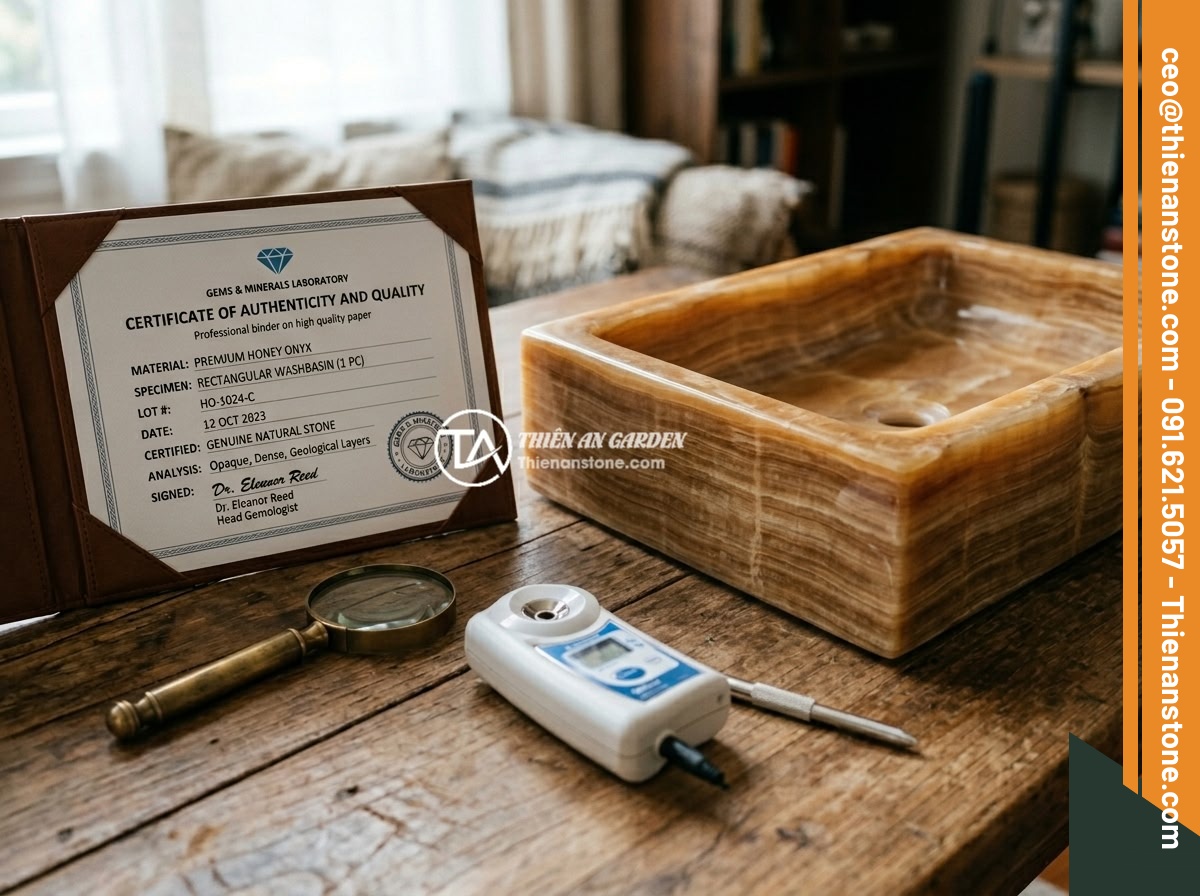 Checklist đầy đủ: 10 tiêu chí chọn mua bộ ấm chén đá phong thủy chất lượng - Professional stone quality certificate and authenticity documentation displayed 