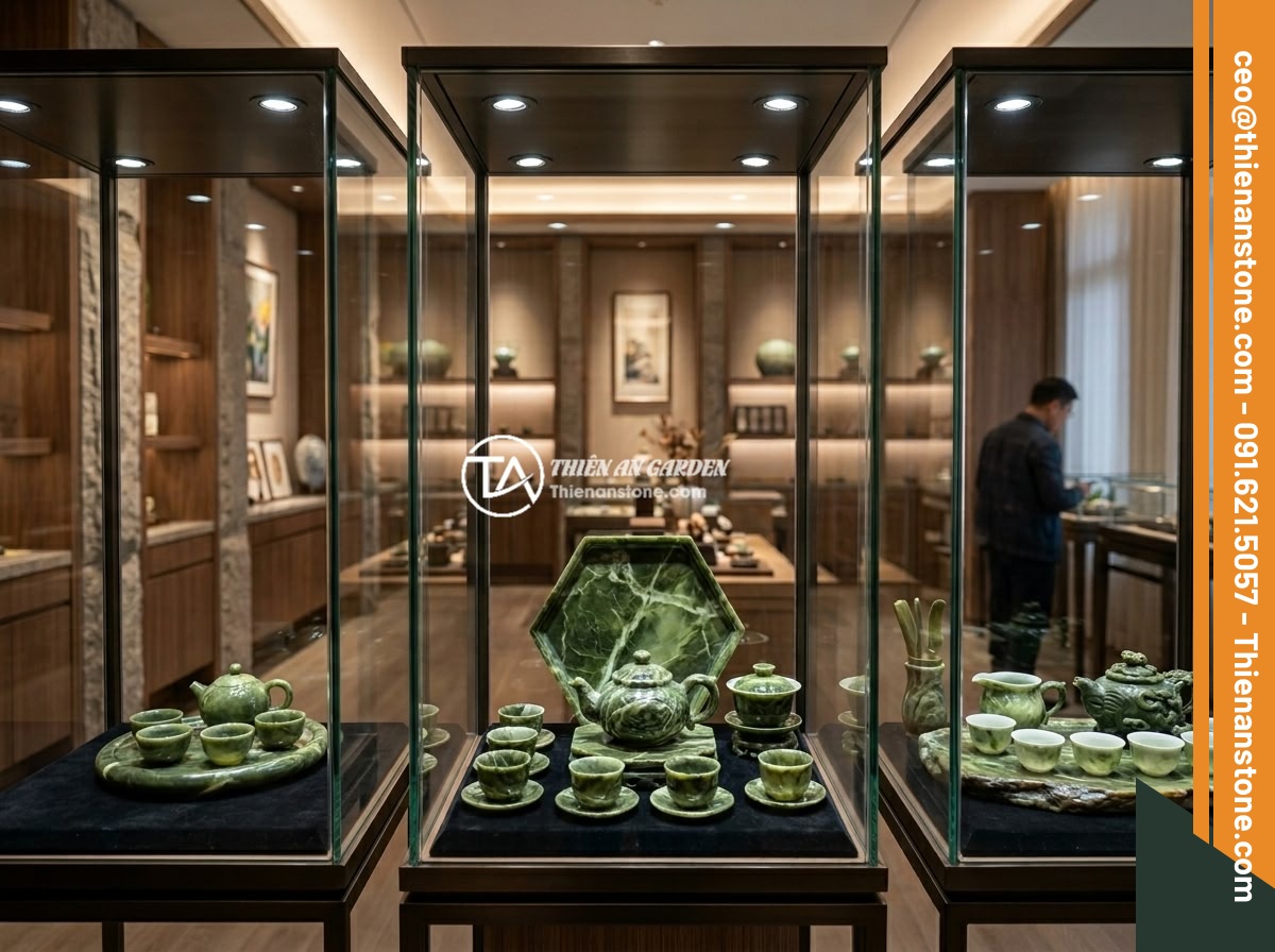 Checklist đầy đủ: 10 tiêu chí chọn mua bộ ấm chén đá phong thủy chất lượng - Luxury natural stone tea sets from different price ranges displayed in a premium