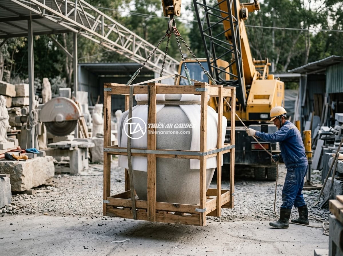 Checklist đầy đủ chọn mua chum đá phong thủy chất lượng cao tránh hàng kém - Hình 8 Checklist đầy đủ chọn mua chum đá phong thủy chất lượng cao tránh hàng kém - Professional packaging and transportation process of a large feng shui stone jar