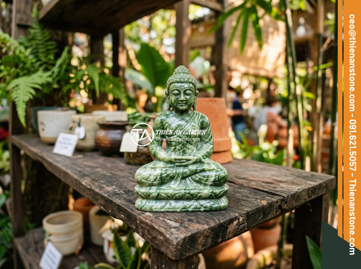 Checklist Kiểm Tra Chất Lượng Tượng Phật Mini Trước Khi Mua - Close-up of a mini Buddha statue carved from natural stone placed on a wooden di