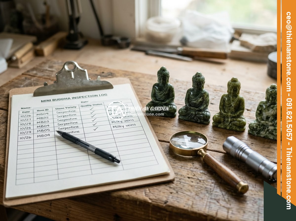 Checklist Kiểm Tra Chất Lượng Tượng Phật Mini Trước Khi Mua - Hình 6 Checklist Kiểm Tra Chất Lượng Tượng Phật Mini Trước Khi Mua - A checklist document on a clipboard placed next to several mini Buddha statues o