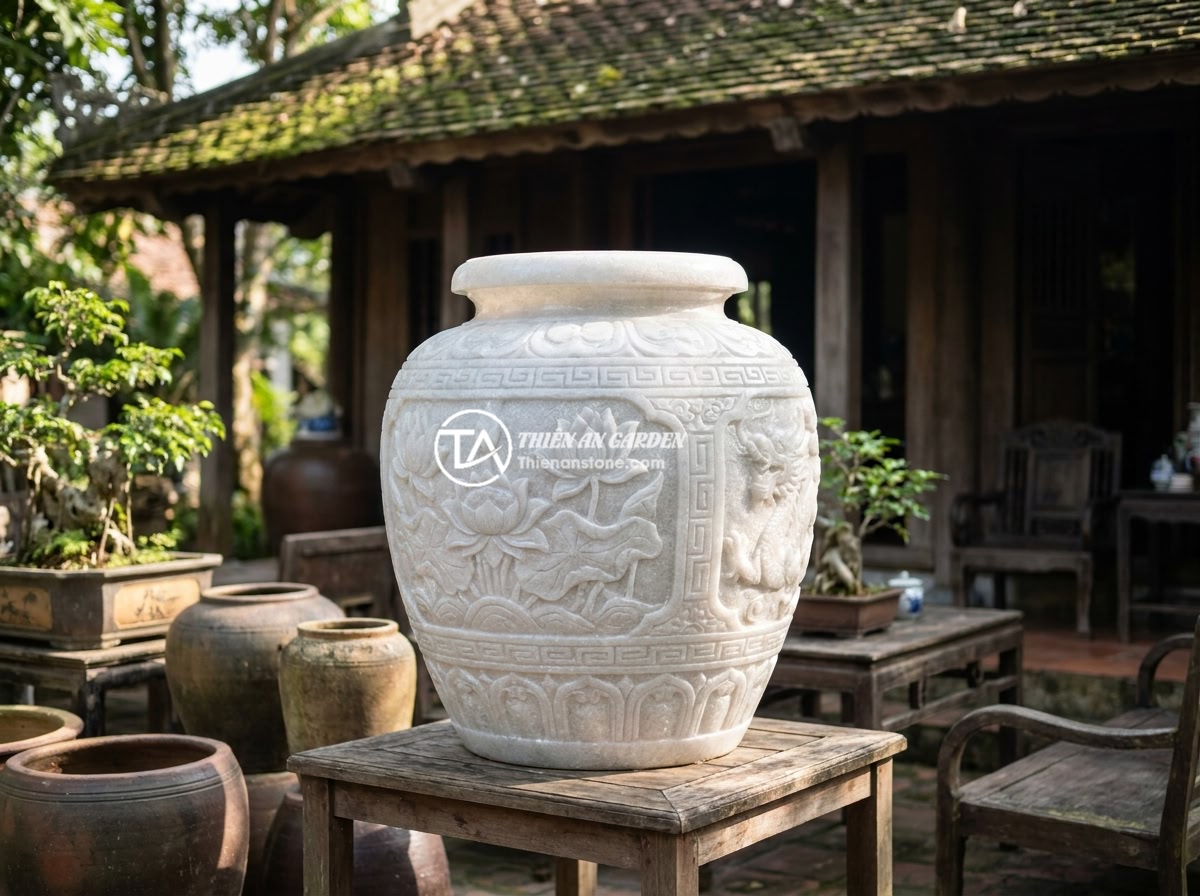 Chum đá phong thủy có nên đặt trong nhà không? Phân tích chi tiết và lời khuyên - A beautifully carved natural stone jar (chum da) with intricate patterns and nat