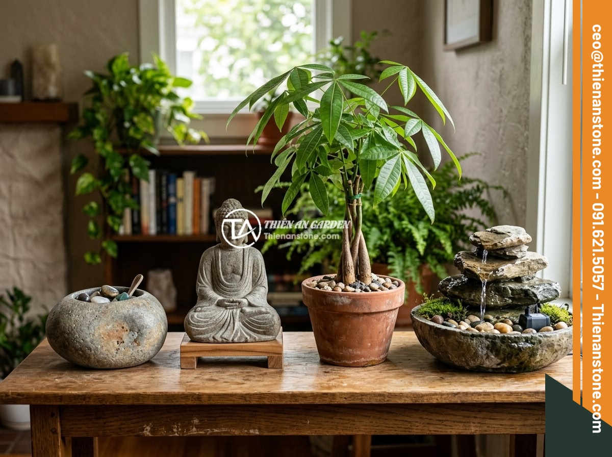 Chum đá phong thủy có nên đặt trong nhà không? Phân tích chi tiết và lời khuyên - A side-by-side display of different feng shui items including a stone jar, Buddh
