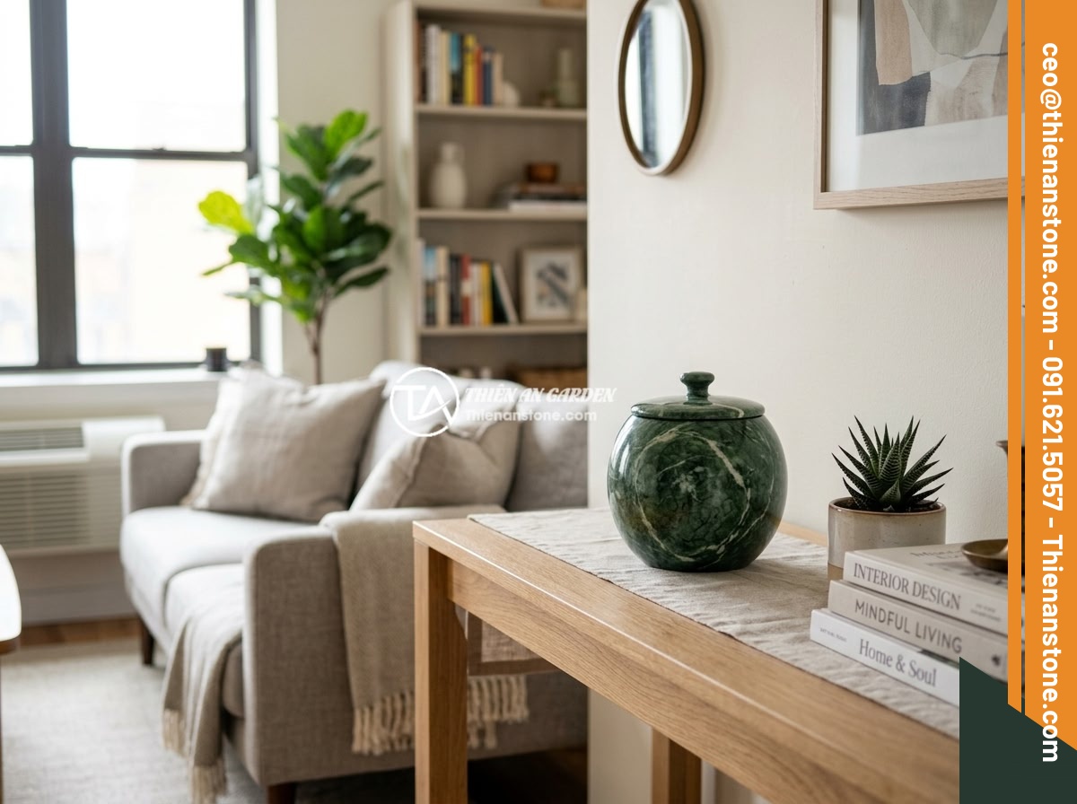 Chum đá phong thủy có nên đặt trong nhà không? Phân tích chi tiết và lời khuyên - A compact natural stone jar elegantly placed in a modern apartment living room o