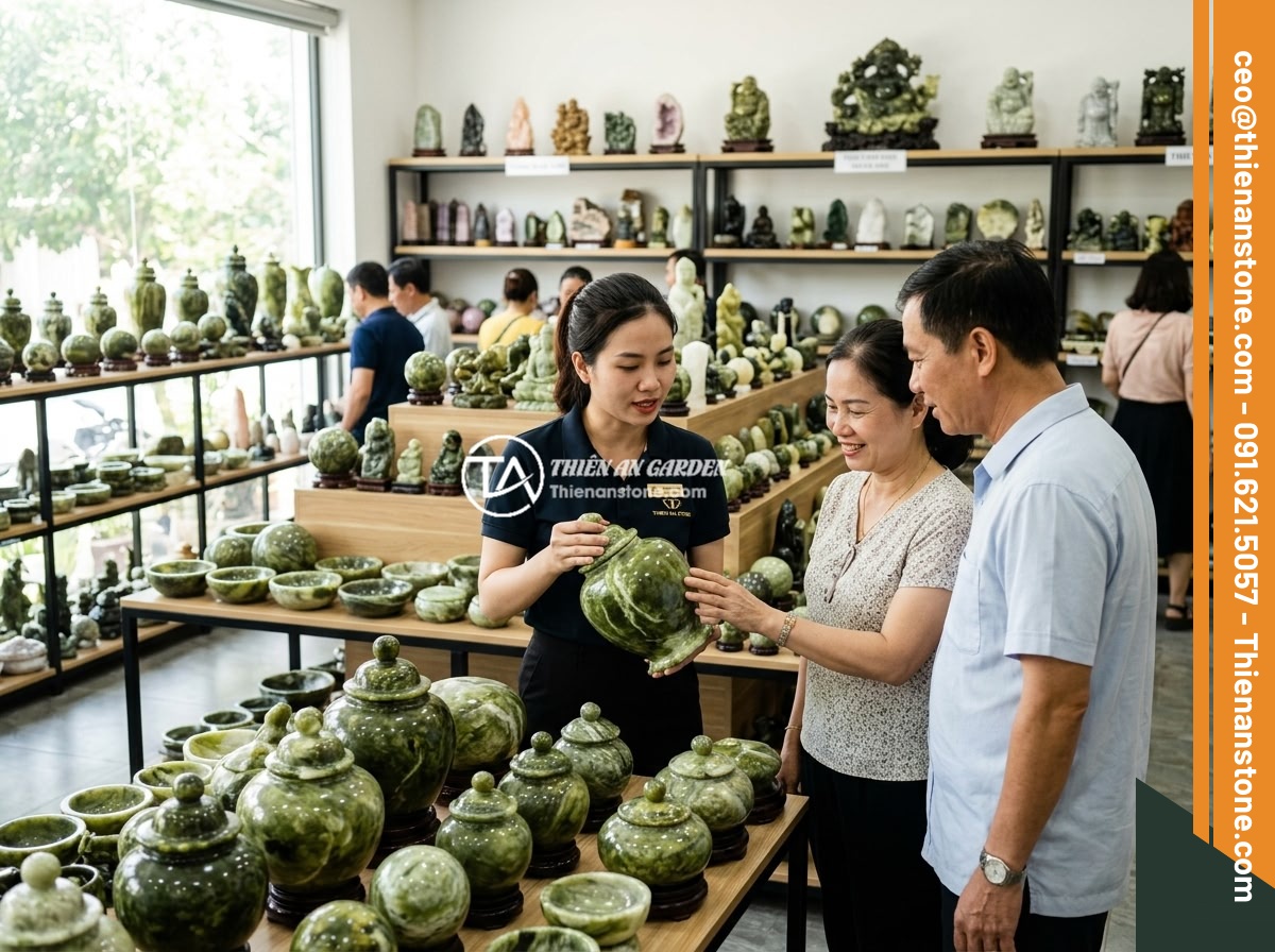Chum đá phong thủy có nên đặt trong nhà không? Phân tích chi tiết và lời khuyên - The Thien An Stone company showroom displaying a wide variety of premium natural