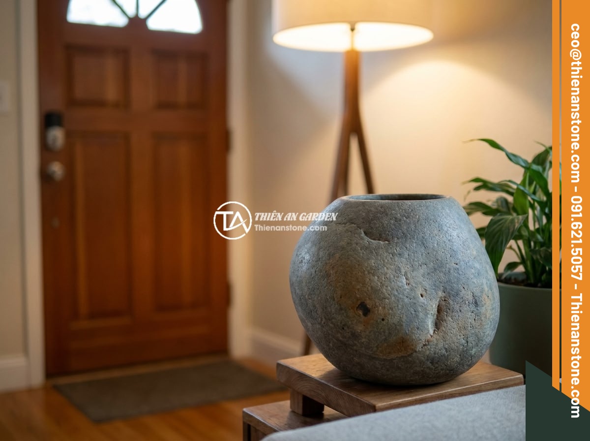 Chum đá phong thủy có nên đặt trong nhà không? Phân tích chi tiết và lời khuyên - A feng shui stone jar placed in a living room corner diagonally opposite to the 