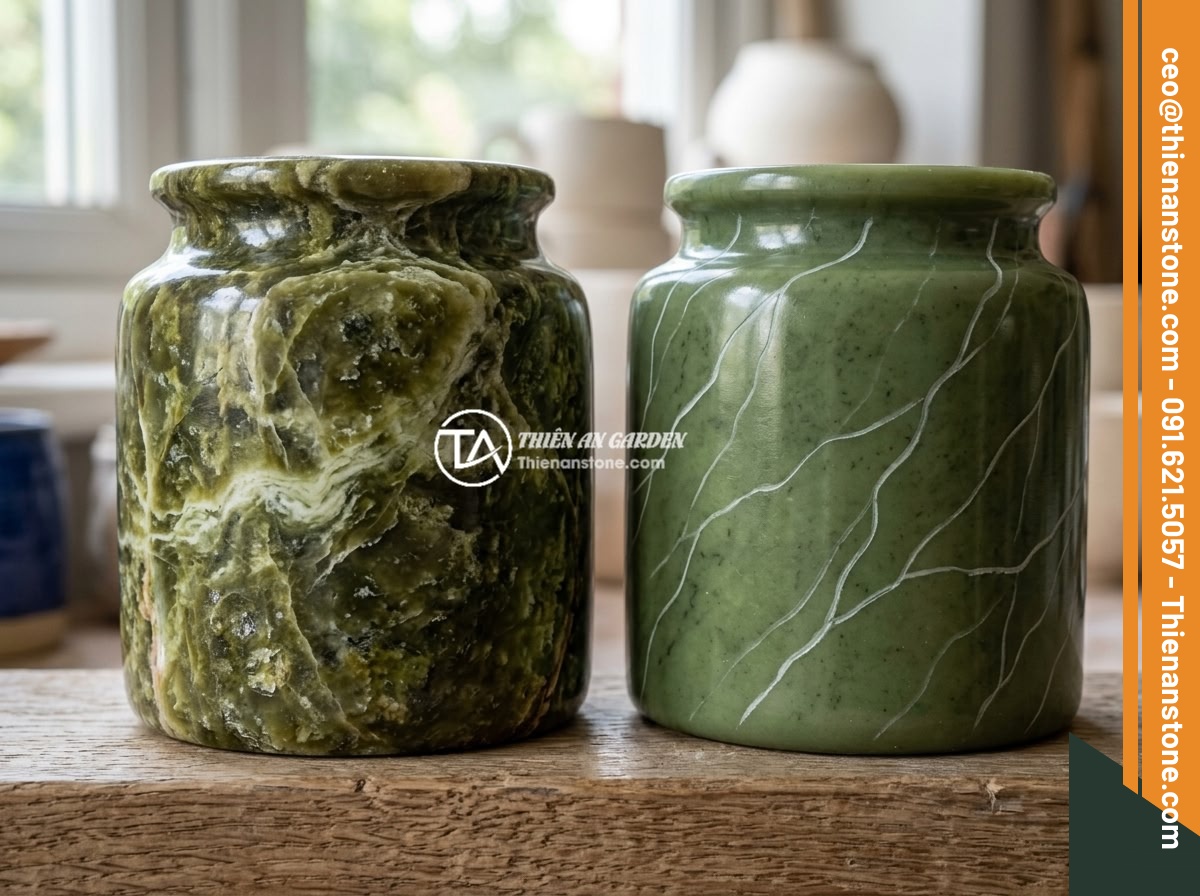 Chum đá phong thủy có nên đặt trong nhà không? Phân tích chi tiết và lời khuyên - Close-up comparison of authentic natural stone jar texture and fake stone jar te