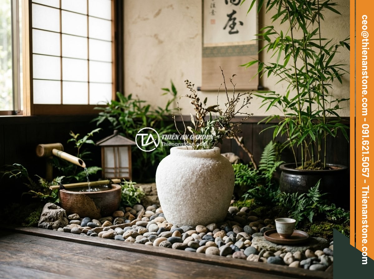 Chum đá phong thủy có nên đặt trong nhà không? Phân tích chi tiết và lời khuyên - An Asian-style interior corner featuring a natural stone jar as the centerpiece 