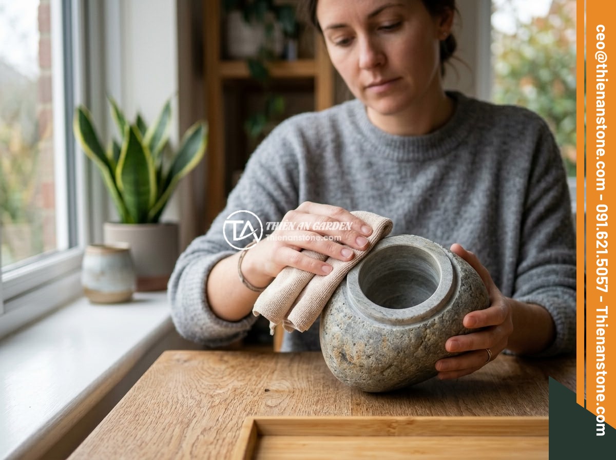 Chum đá phong thủy có nên đặt trong nhà không? Phân tích chi tiết và lời khuyên - A person gently cleaning a natural stone jar with a soft cloth, demonstrating pr