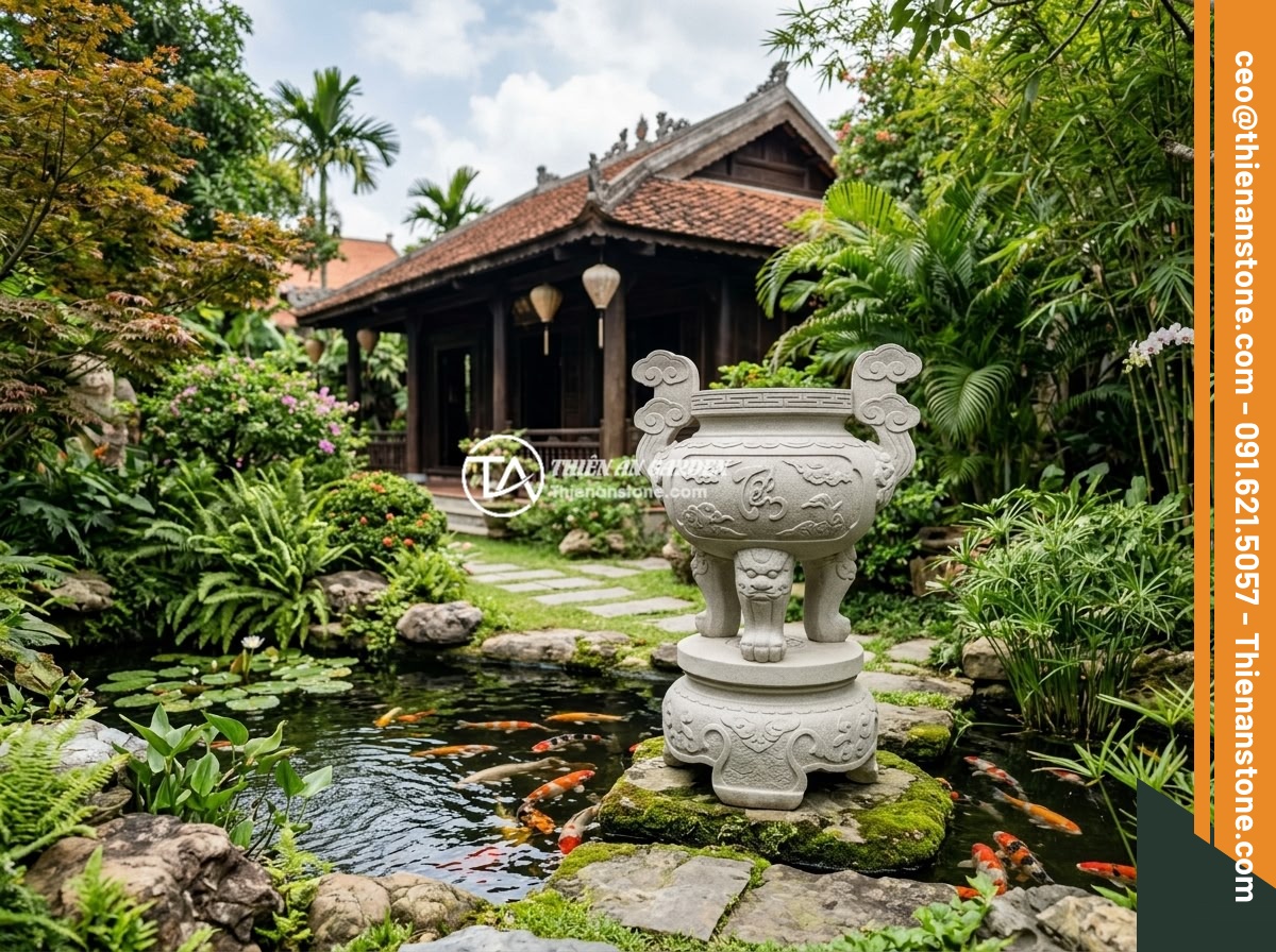 Chum đá phong thủy handmade cao cấp hay sản xuất công nghiệp: Lựa chọn thông minh - Hình 1 Chum đá phong thủy handmade cao cấp hay sản xuất công nghiệp: Lựa chọn thông minh - A luxurious natural stone feng shui urn placed in a beautifully landscaped garde