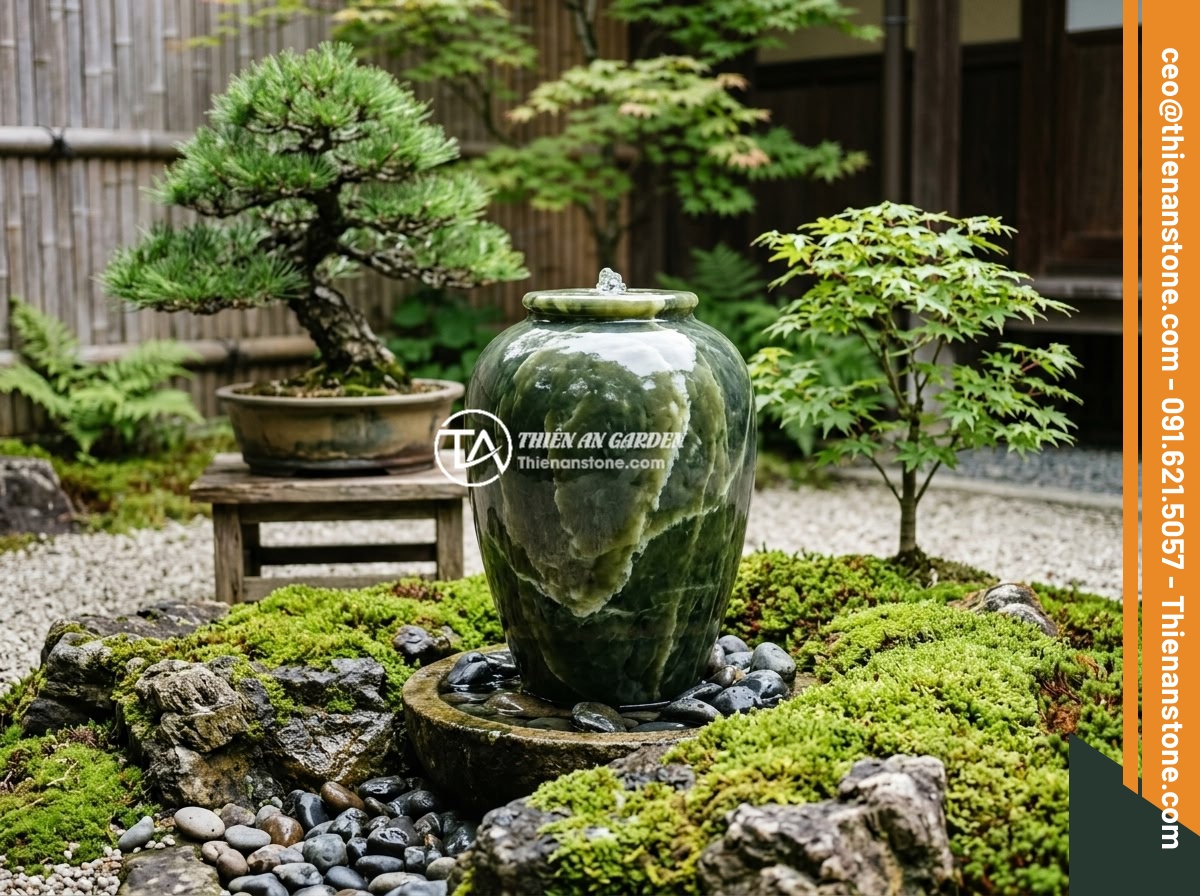 Chum đá phong thủy handmade cao cấp hay sản xuất công nghiệp: Lựa chọn thông minh - Hình 10 Chum đá phong thủy handmade cao cấp hay sản xuất công nghiệp: Lựa chọn thông minh - Modern minimalist Japanese Zen garden featuring a sleek handmade black basalt st
