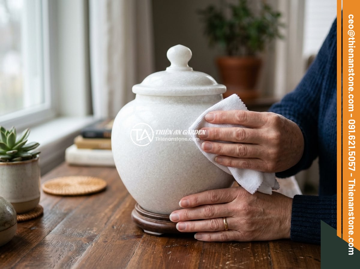 Chum đá phong thủy handmade cao cấp hay sản xuất công nghiệp: Lựa chọn thông minh - Hình 11 Chum đá phong thủy handmade cao cấp hay sản xuất công nghiệp: Lựa chọn thông minh - Person gently cleaning and polishing a beautiful white marble feng shui stone ur