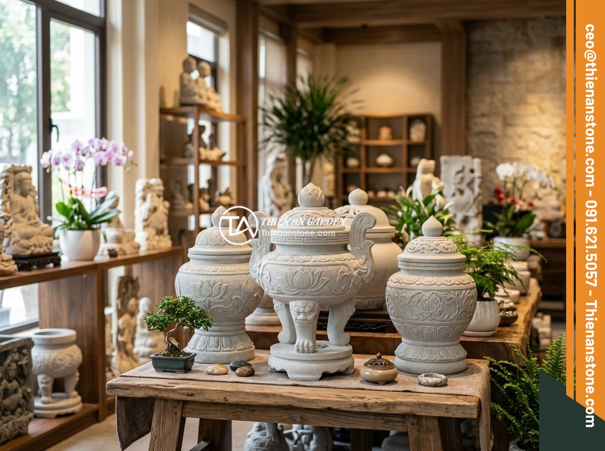 Chum đá phong thủy handmade cao cấp hay sản xuất công nghiệp: Lựa chọn thông minh - Hình 13 Chum đá phong thủy handmade cao cấp hay sản xuất công nghiệp: Lựa chọn thông minh - Warm inviting contact banner featuring Thien An Stone company branding with phon