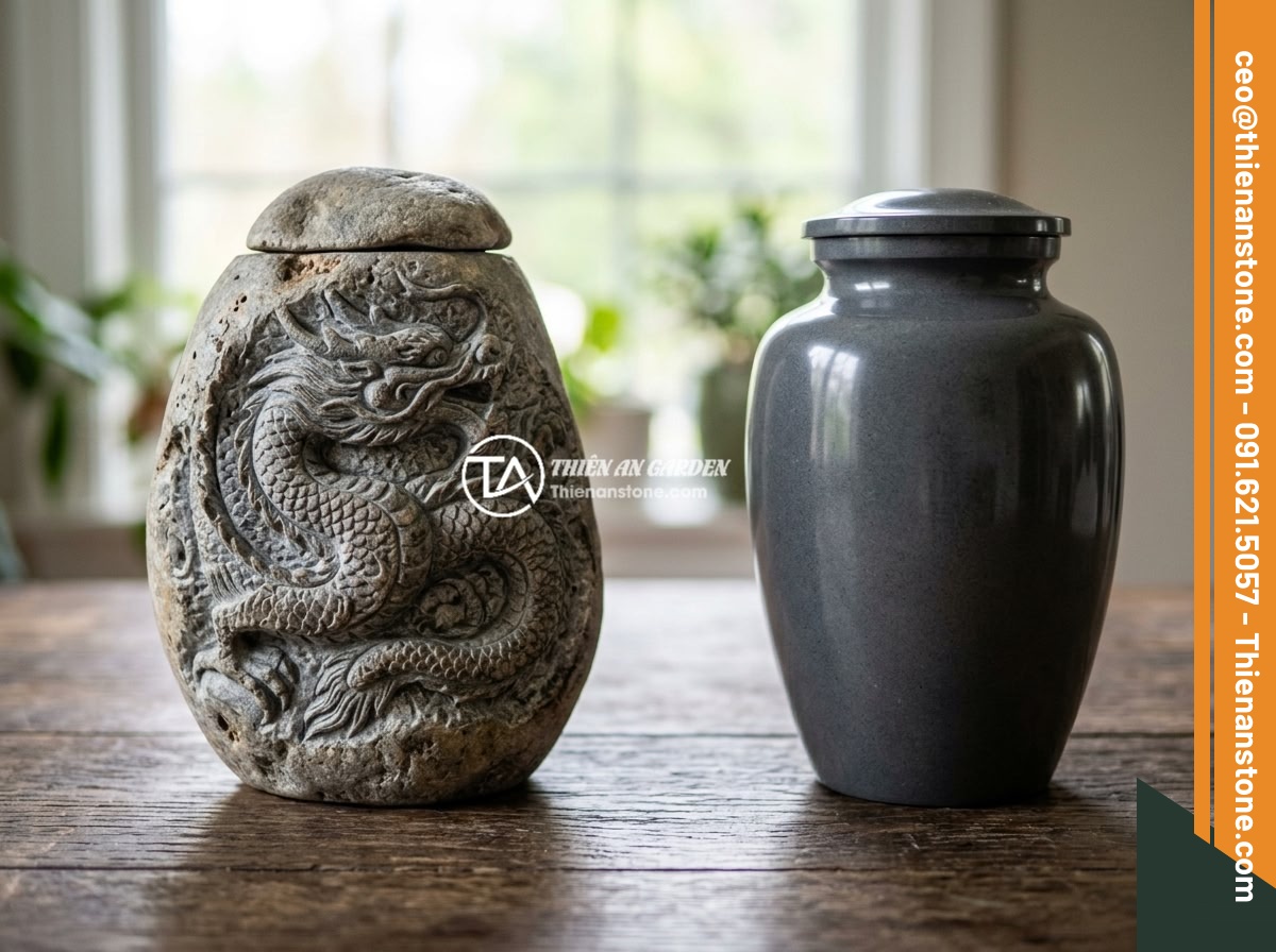 Chum đá phong thủy handmade cao cấp hay sản xuất công nghiệp: Lựa chọn thông minh - Hình 2 Chum đá phong thủy handmade cao cấp hay sản xuất công nghiệp: Lựa chọn thông minh - Side-by-side comparison of a handmade carved natural stone feng shui urn with in