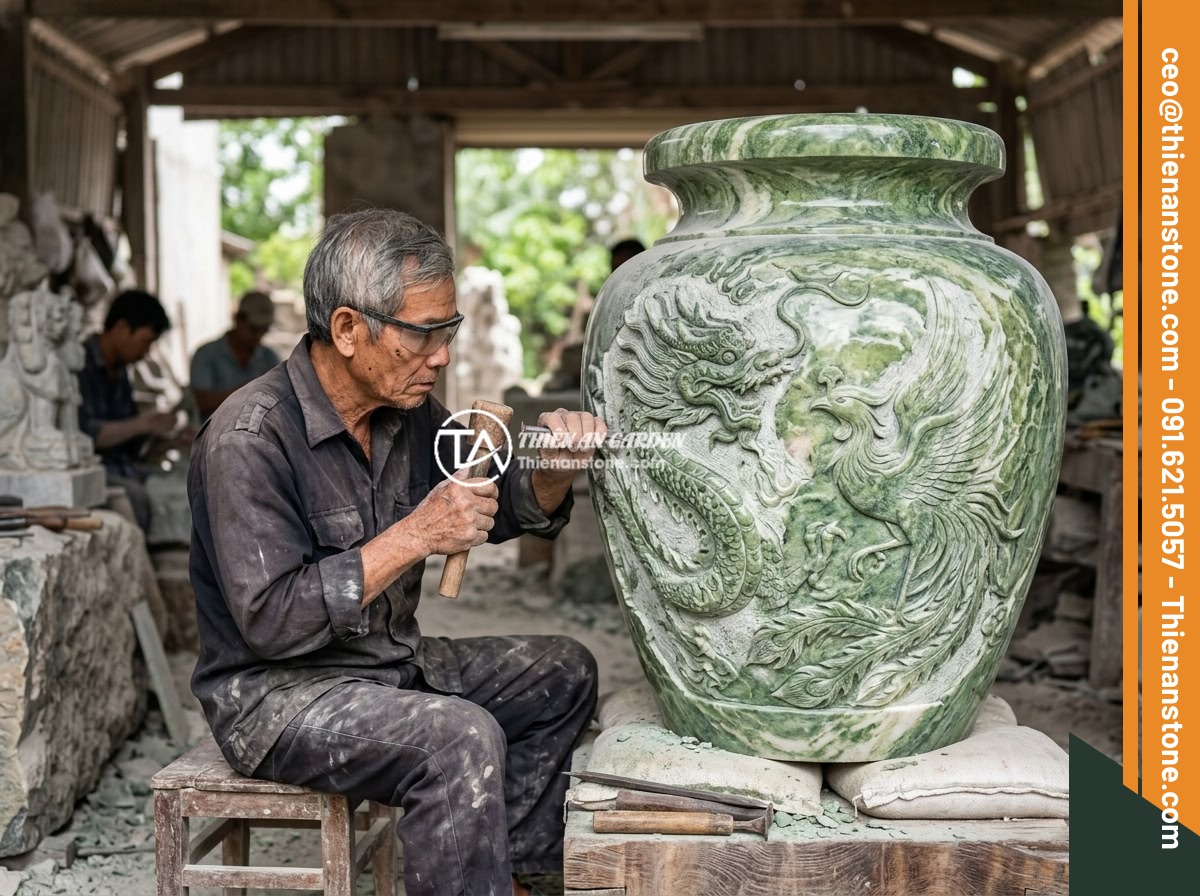 Chum đá phong thủy handmade cao cấp hay sản xuất công nghiệp: Lựa chọn thông minh - Hình 3 Chum đá phong thủy handmade cao cấp hay sản xuất công nghiệp: Lựa chọn thông minh - Master artisan hand-carving intricate phoenix and dragon patterns on a large nat