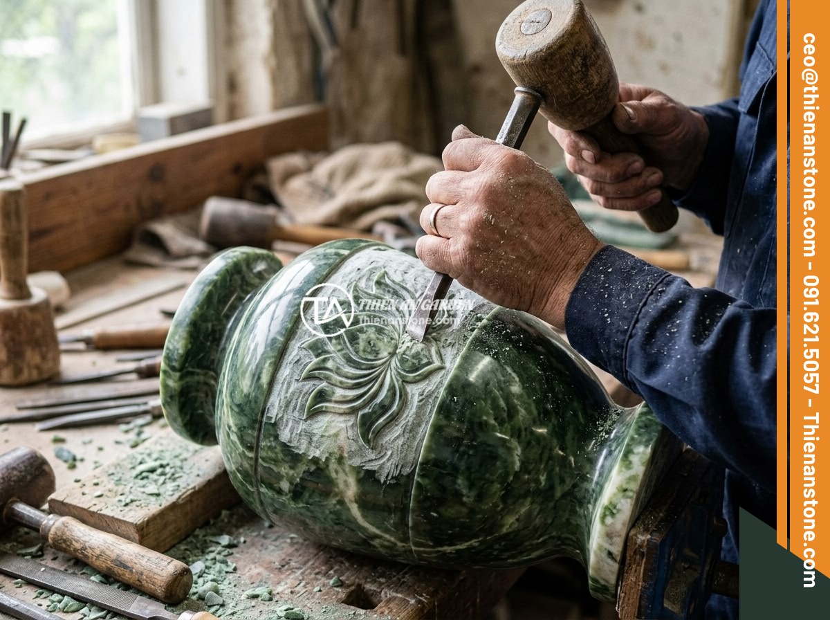 Chum đá phong thủy handmade cao cấp hay sản xuất công nghiệp: Lựa chọn thông minh - Hình 4 Chum đá phong thủy handmade cao cấp hay sản xuất công nghiệp: Lựa chọn thông minh - Detailed close-up of artisan hands using traditional chisel tools to carve lotus