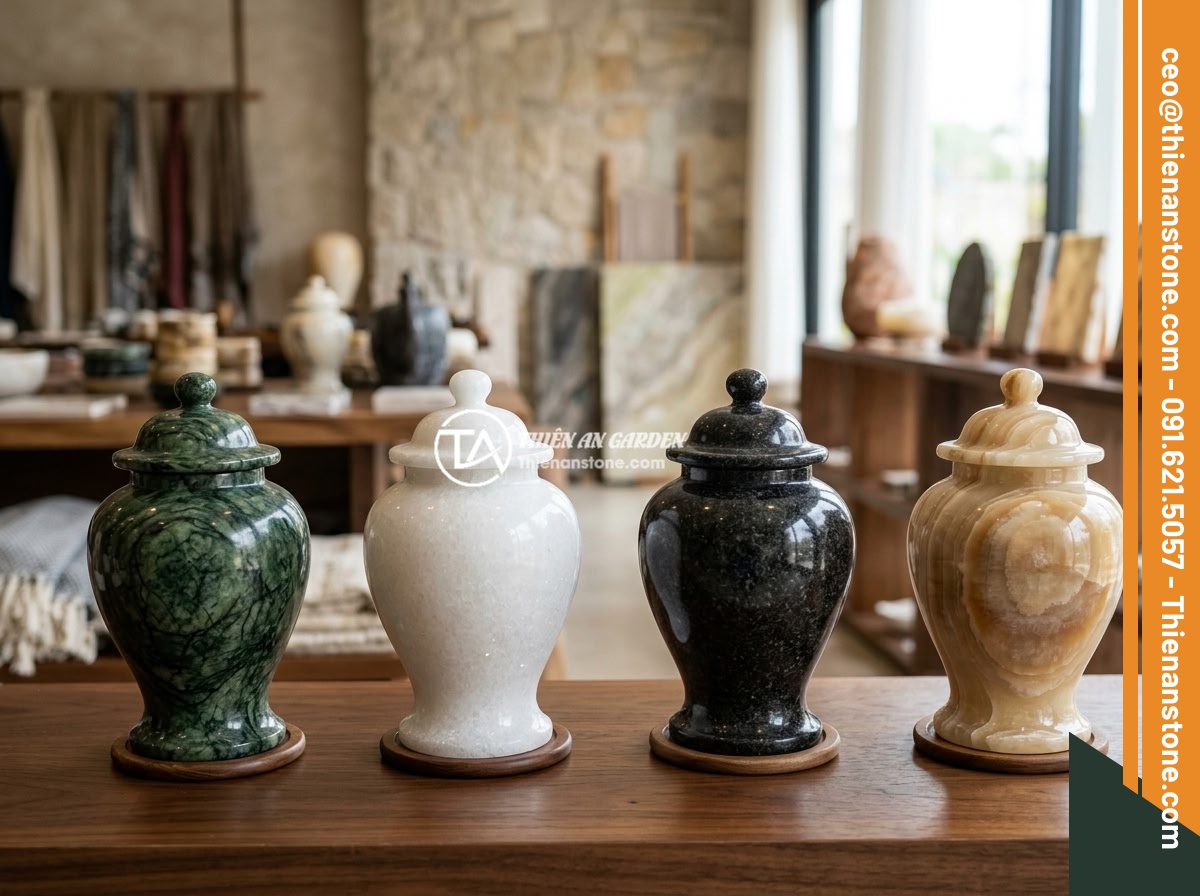 Chum đá phong thủy handmade cao cấp hay sản xuất công nghiệp: Lựa chọn thông minh - Hình 5 Chum đá phong thủy handmade cao cấp hay sản xuất công nghiệp: Lựa chọn thông minh - Collection of different natural stone feng shui urns made from green jade marble