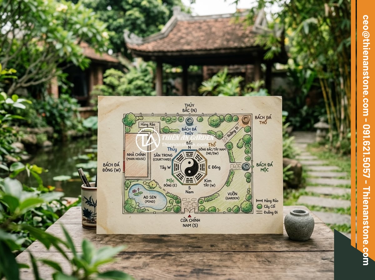 Chum đá phong thủy handmade cao cấp hay sản xuất công nghiệp: Lựa chọn thông minh - Hình 6 Chum đá phong thủy handmade cao cấp hay sản xuất công nghiệp: Lựa chọn thông minh - Feng shui diagram showing optimal placement positions of stone urns in a Vietnam