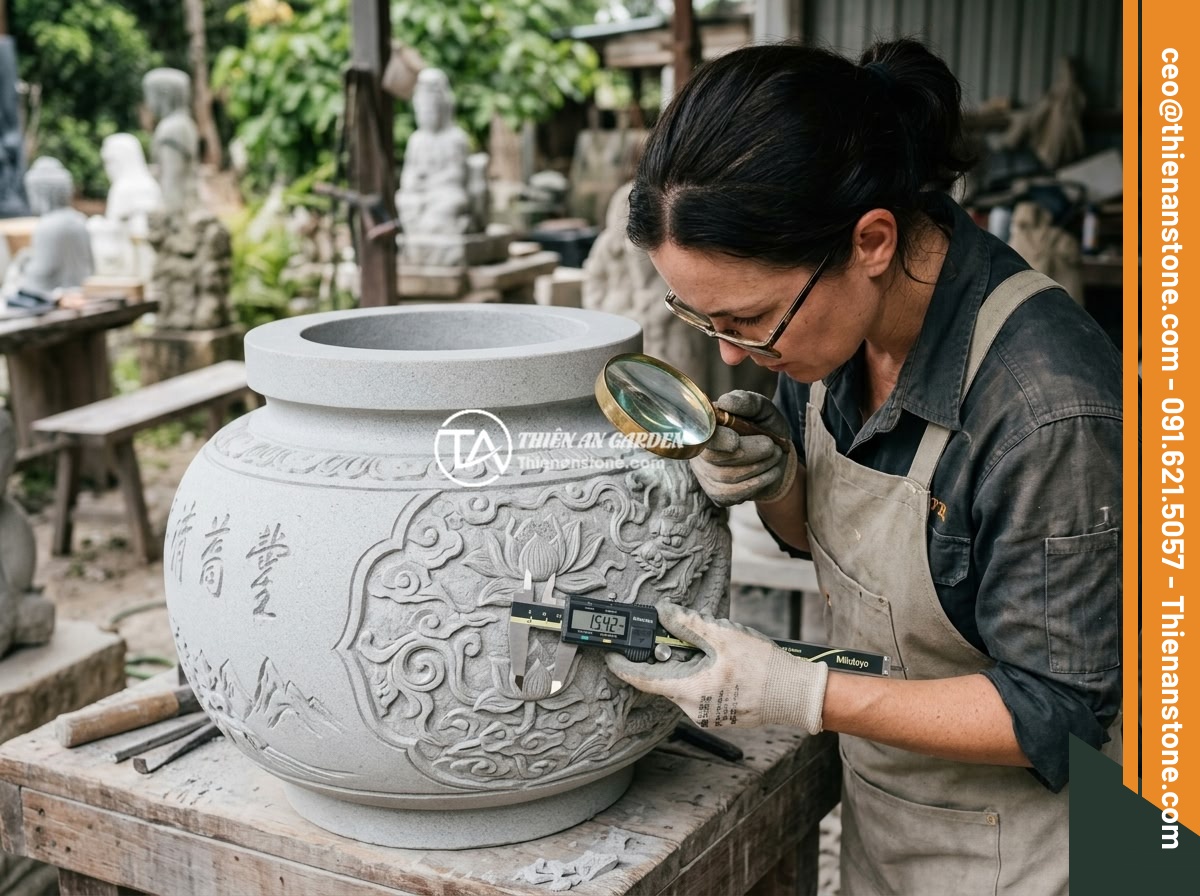 Chum đá phong thủy handmade cao cấp hay sản xuất công nghiệp: Lựa chọn thông minh - Hình 7 Chum đá phong thủy handmade cao cấp hay sản xuất công nghiệp: Lựa chọn thông minh - Quality inspector closely examining surface finish and carved details of a premi
