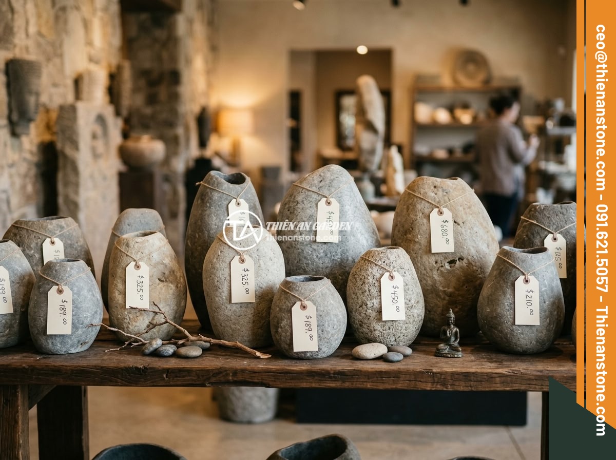 Chum đá phong thủy handmade cao cấp hay sản xuất công nghiệp: Lựa chọn thông minh - Hình 8 Chum đá phong thủy handmade cao cấp hay sản xuất công nghiệp: Lựa chọn thông minh - Elegant display of various sized premium handmade feng shui stone urns with pric