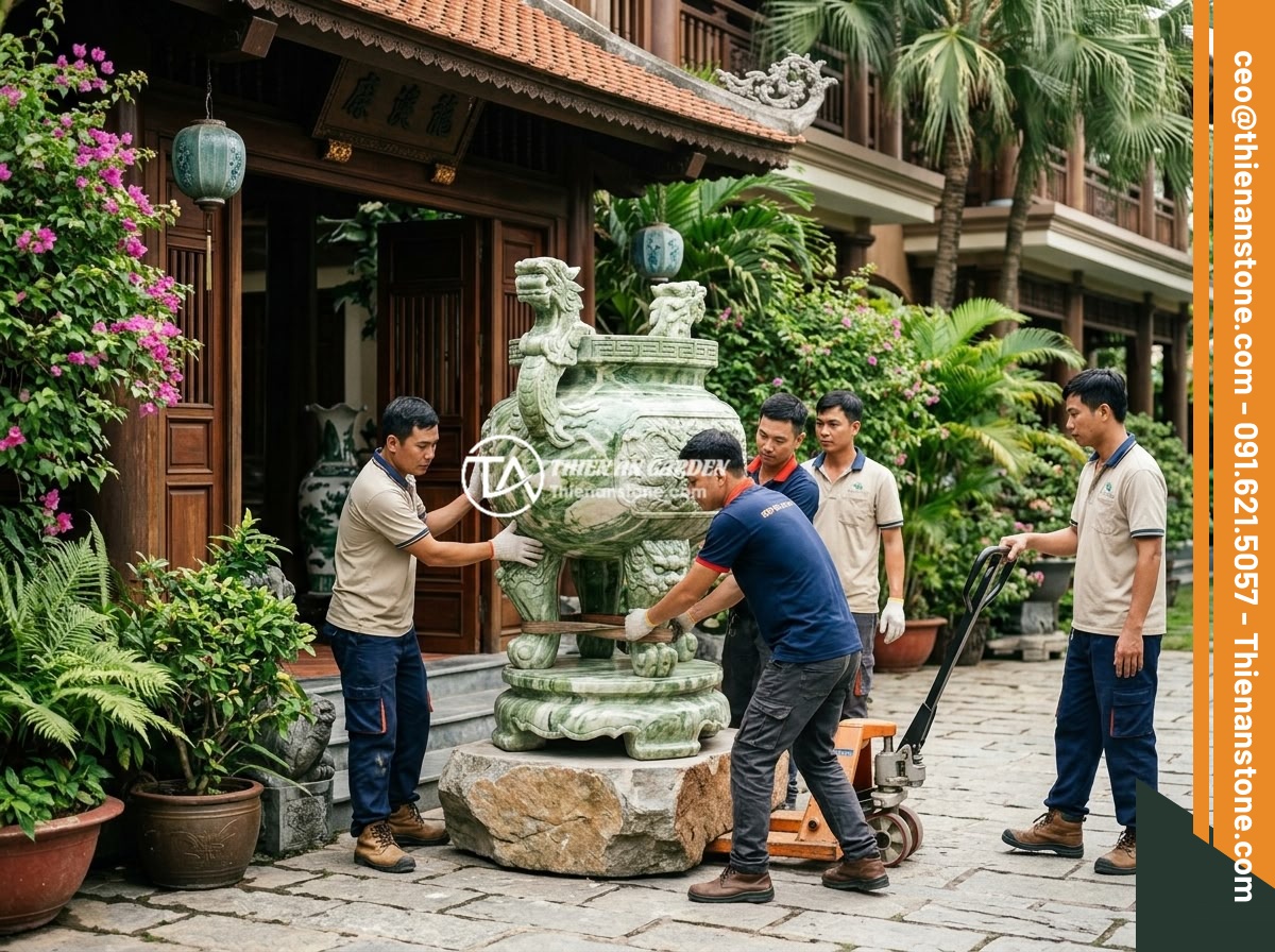 Chum đá phong thủy handmade cao cấp hay sản xuất công nghiệp: Lựa chọn thông minh - Hình 9 Chum đá phong thủy handmade cao cấp hay sản xuất công nghiệp: Lựa chọn thông minh - Professional delivery team carefully unloading and installing a large handmade s