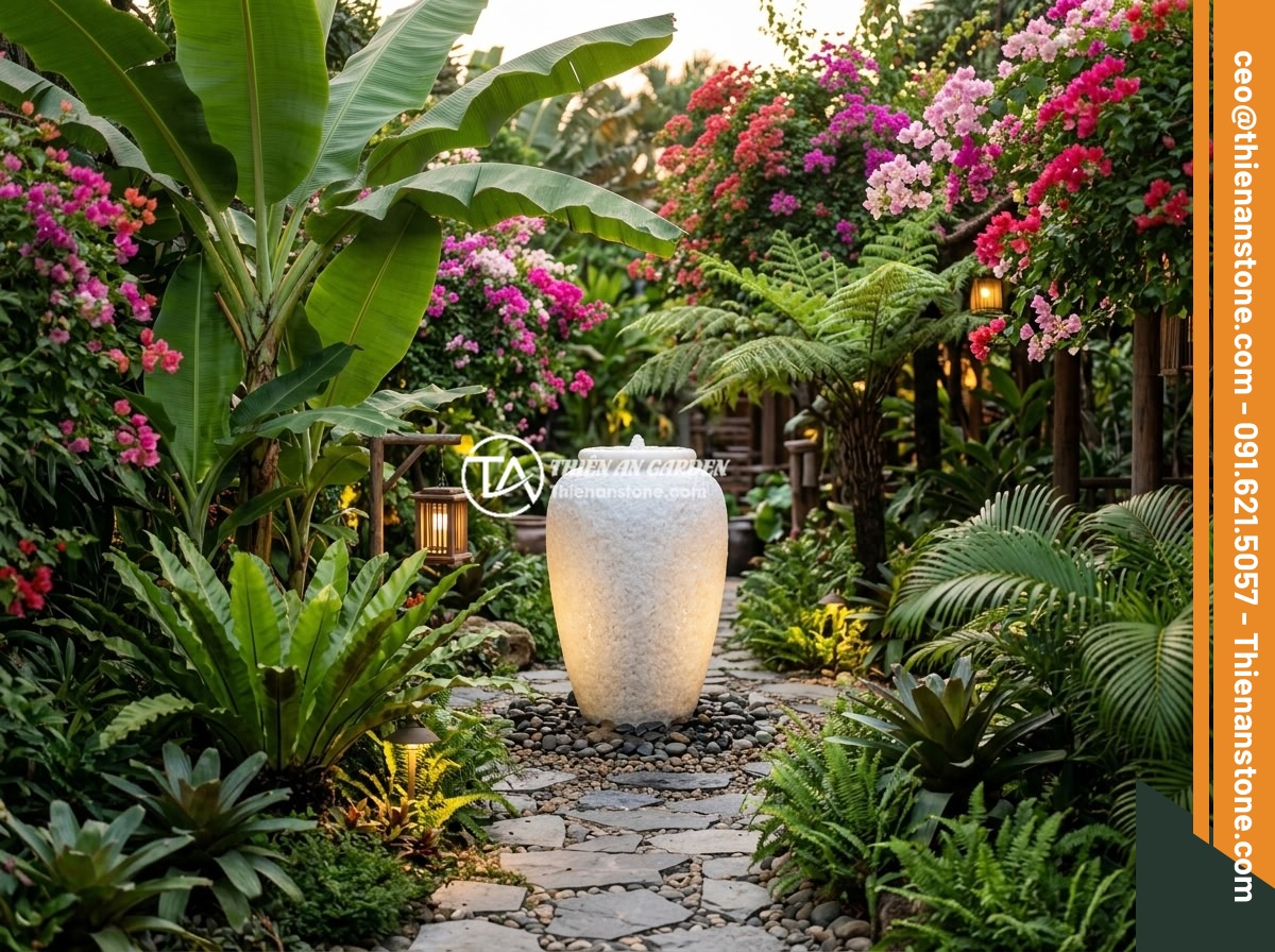 Chum đá phong thủy là gì? Ý nghĩa phong thủy và cách sử dụng trong thiết kế sân vườn - Hình 10 Chum đá phong thủy là gì? Ý nghĩa phong thủy và cách sử dụng trong thiết kế sân vườn - A stunning tropical Vietnamese garden design featuring a large natural stone fen