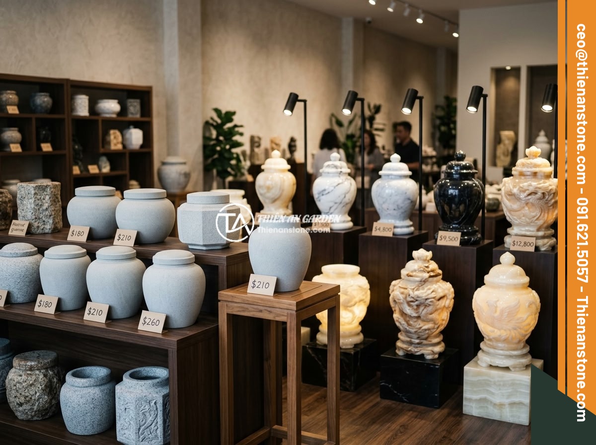 Chum đá phong thủy là gì? Ý nghĩa phong thủy và cách sử dụng trong thiết kế sân vườn - Hình 12 Chum đá phong thủy là gì? Ý nghĩa phong thủy và cách sử dụng trong thiết kế sân vườn - A premium showroom displaying various price ranges of natural stone feng shui ur