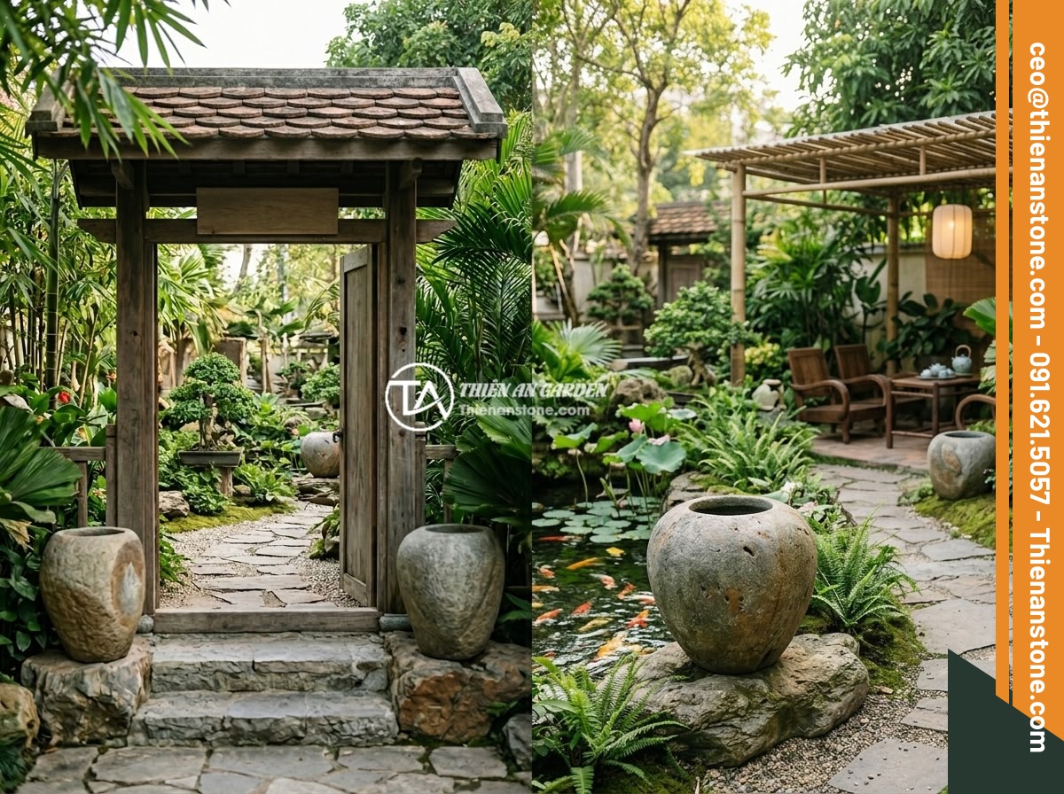 Chum đá phong thủy là gì? Ý nghĩa phong thủy và cách sử dụng trong thiết kế sân vườn - Hình 13 Chum đá phong thủy là gì? Ý nghĩa phong thủy và cách sử dụng trong thiết kế sân vườn - A beautifully designed Vietnamese garden with multiple feng shui stone urns plac