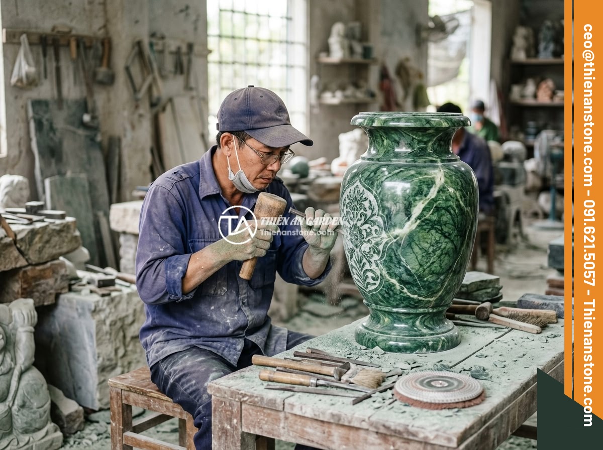 Chum đá phong thủy là gì? Ý nghĩa phong thủy và cách sử dụng trong thiết kế sân vườn - Hình 2 Chum đá phong thủy là gì? Ý nghĩa phong thủy và cách sử dụng trong thiết kế sân vườn - Vietnamese artisan carefully hand-carving and polishing a large natural stone ur
