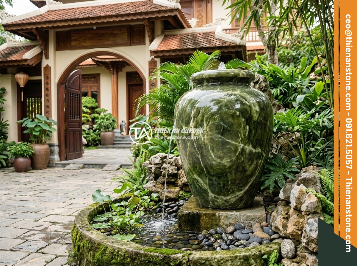 Chum đá phong thủy là gì? Ý nghĩa phong thủy và cách sử dụng trong thiết kế sân vườn - Hình 3 Chum đá phong thủy là gì? Ý nghĩa phong thủy và cách sử dụng trong thiết kế sân vườn - A large feng shui stone urn placed at the entrance of a luxurious Vietnamese vil