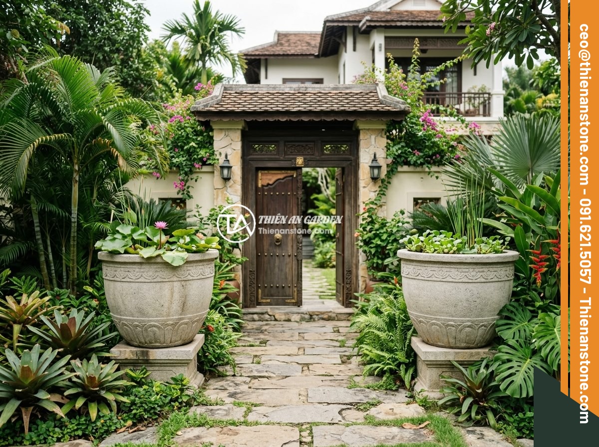 Chum đá phong thủy là gì? Ý nghĩa phong thủy và cách sử dụng trong thiết kế sân vườn - Hình 6 Chum đá phong thủy là gì? Ý nghĩa phong thủy và cách sử dụng trong thiết kế sân vườn - Two large symmetrical natural stone feng shui urns flanking the main entrance ga
