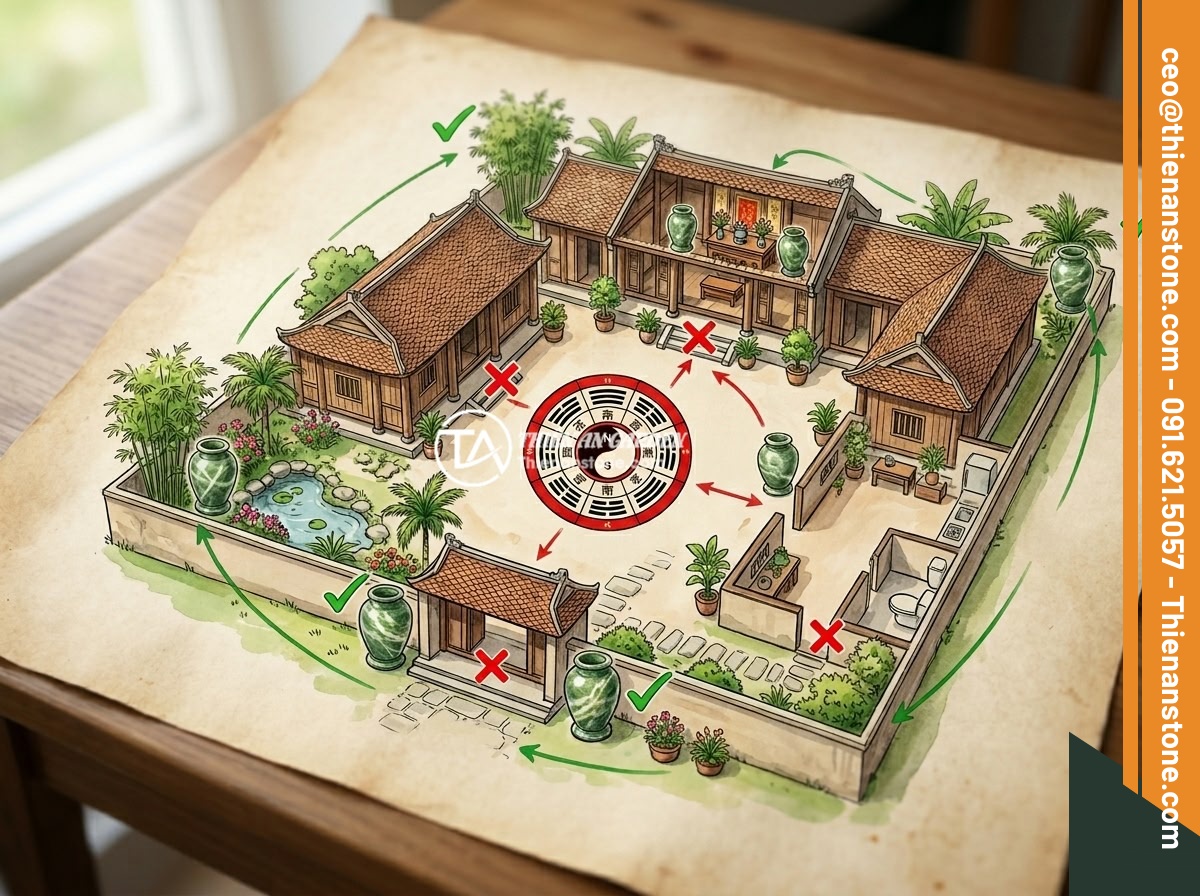 Chum đá phong thủy là gì? Ý nghĩa phong thủy và cách sử dụng trong thiết kế sân vườn - Hình 8 Chum đá phong thủy là gì? Ý nghĩa phong thủy và cách sử dụng trong thiết kế sân vườn - A feng shui diagram illustration showing optimal and forbidden placement positio