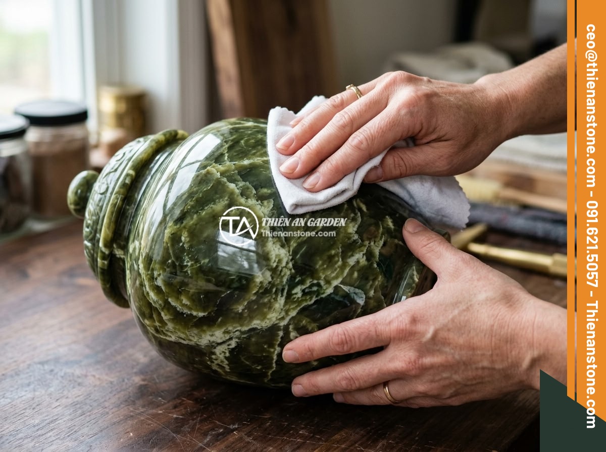 Chum đá phong thủy là gì? Ý nghĩa phong thủy và cách sử dụng trong thiết kế sân vườn - Hình 9 Chum đá phong thủy là gì? Ý nghĩa phong thủy và cách sử dụng trong thiết kế sân vườn - Close-up of hands carefully cleaning and polishing a beautiful natural stone fen