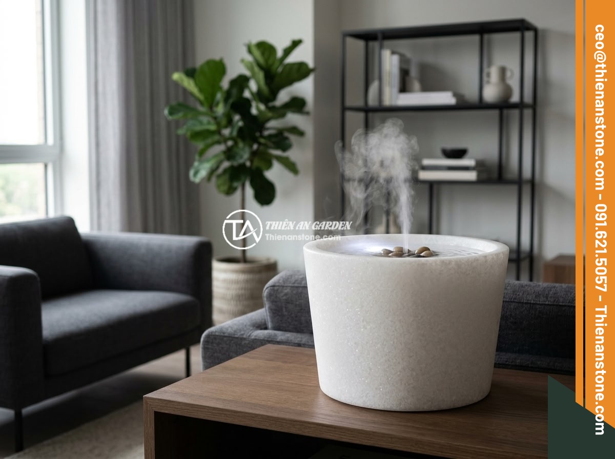 Chum đá phong thủy mini cho chung cư và ban công: Có đáng để đầu tư? - A modern minimalist stone feng shui urn with LED lighting and mist effect, place