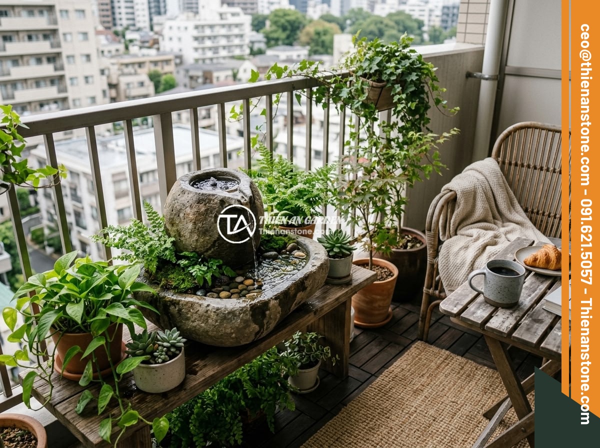 Chum đá phong thủy mini cho chung cư và ban công: Có đáng để đầu tư? - A real-life apartment balcony scene with a mini stone feng shui urn as centerpie