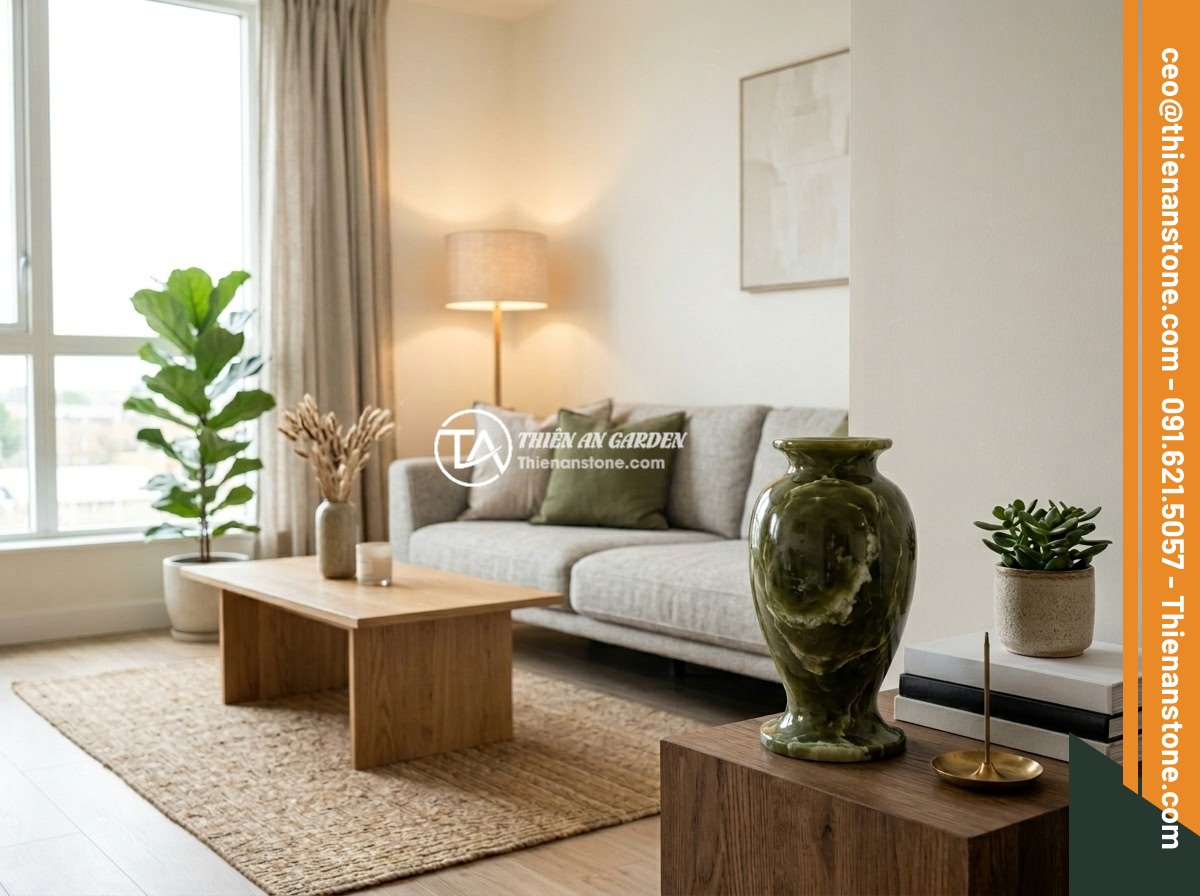 Chum đá phong thủy mini cho chung cư và ban công: Có đáng để đầu tư? - Interior design of a modern apartment living room featuring a small elegant ston