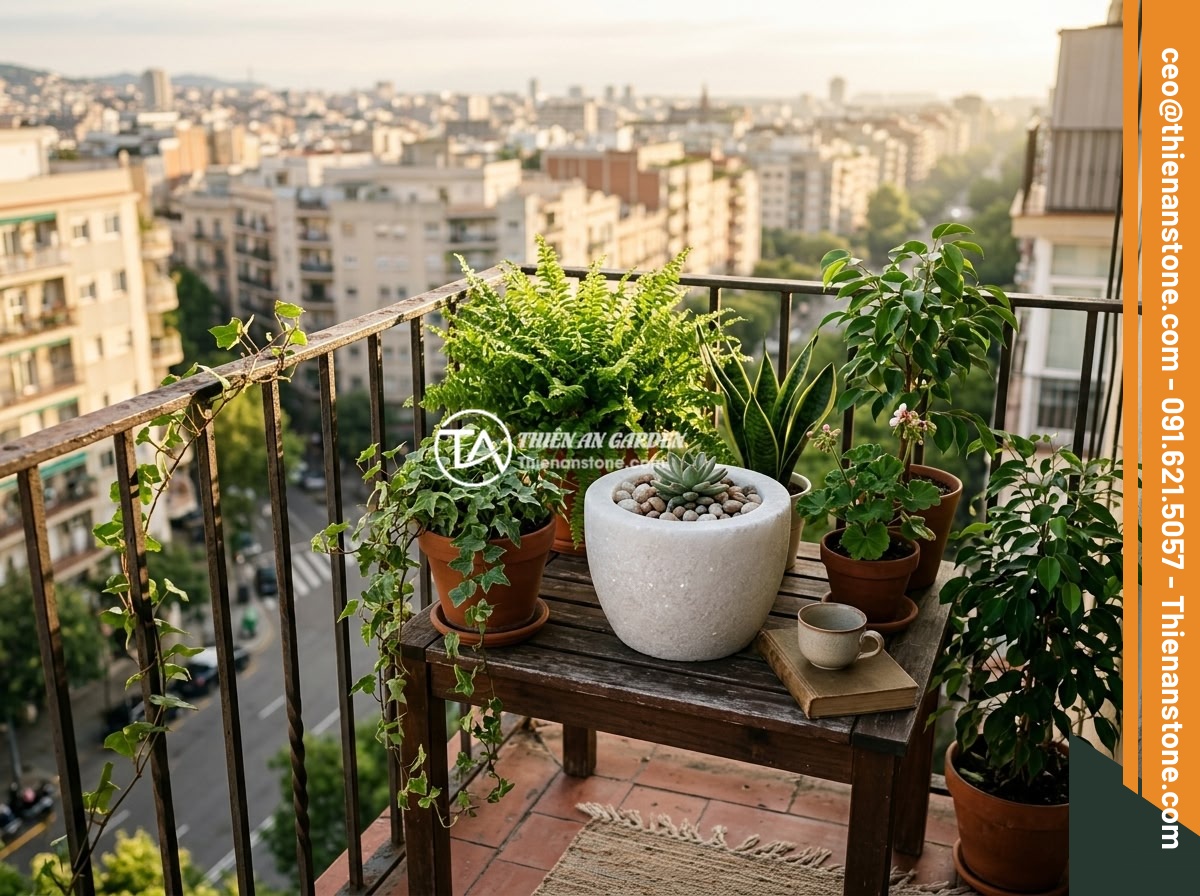 Chum đá phong thủy mini cho chung cư và ban công: Có đáng để đầu tư? - A charming apartment balcony decorated with a mini feng shui stone urn surrounde